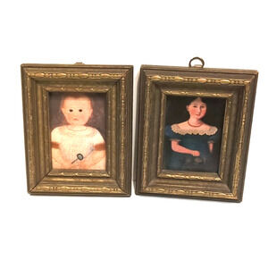 Primitive Wall Folk Art Frames Gold Wood Child Rattle Young Girl 4.5x5
